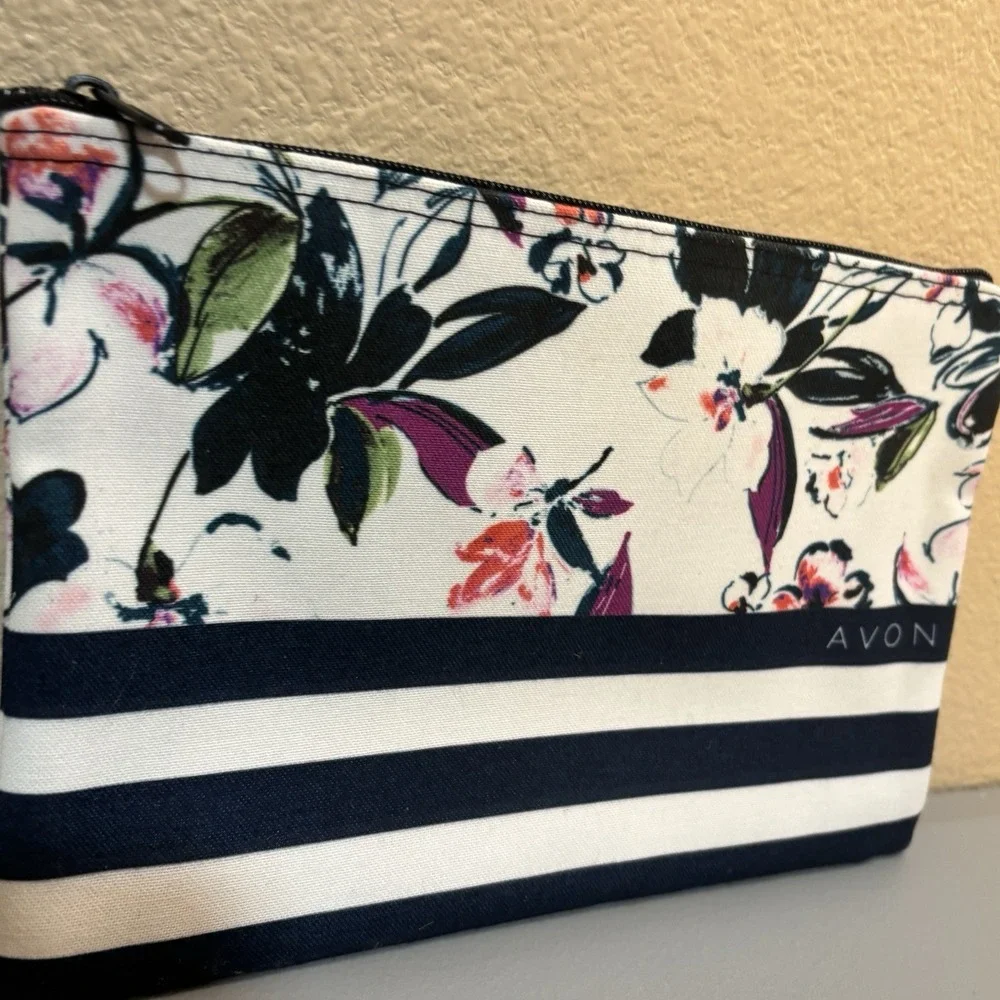 Avon True Color Cosmetic Makeup Bag Floral Stripe Zip Roomy Clean Travel Bag